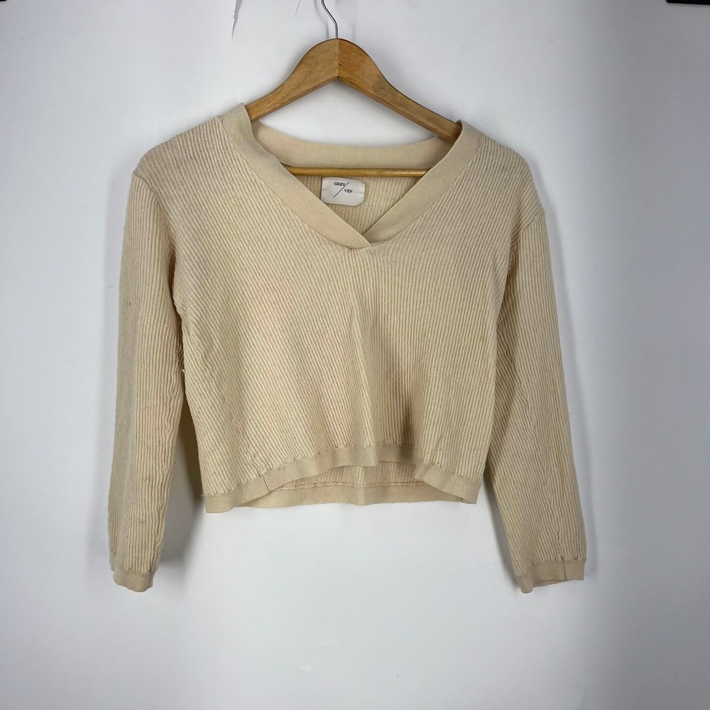 Grey/Ven Womens Cashmere Wool Ribbed Knit V-Neck Cropped Sweater Long Sleeve M‎